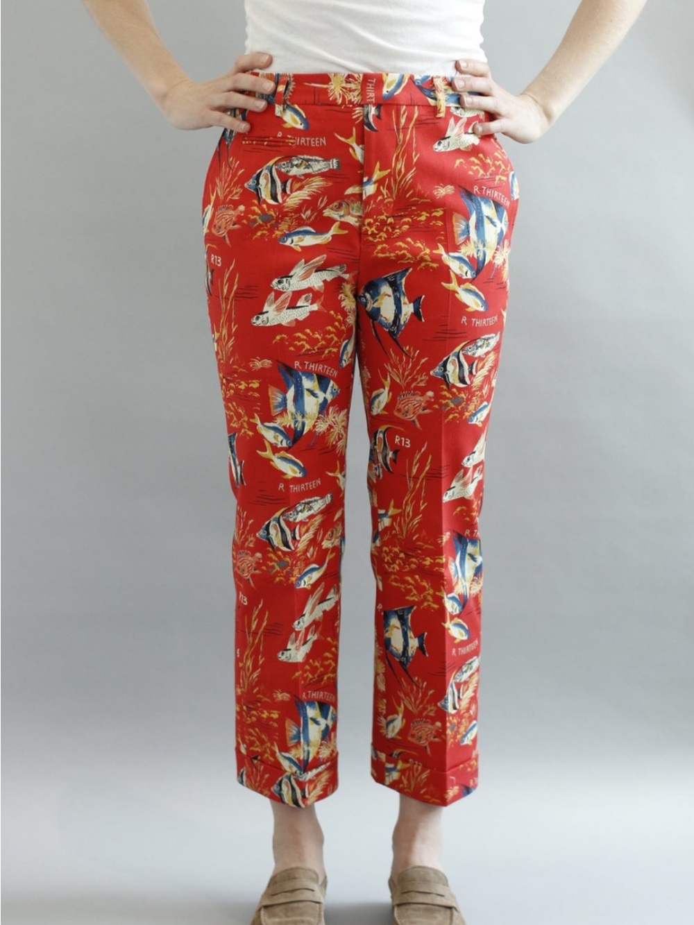 R13 Straight Leg Trouser Red Fish Tropical Print Pants  Size 27